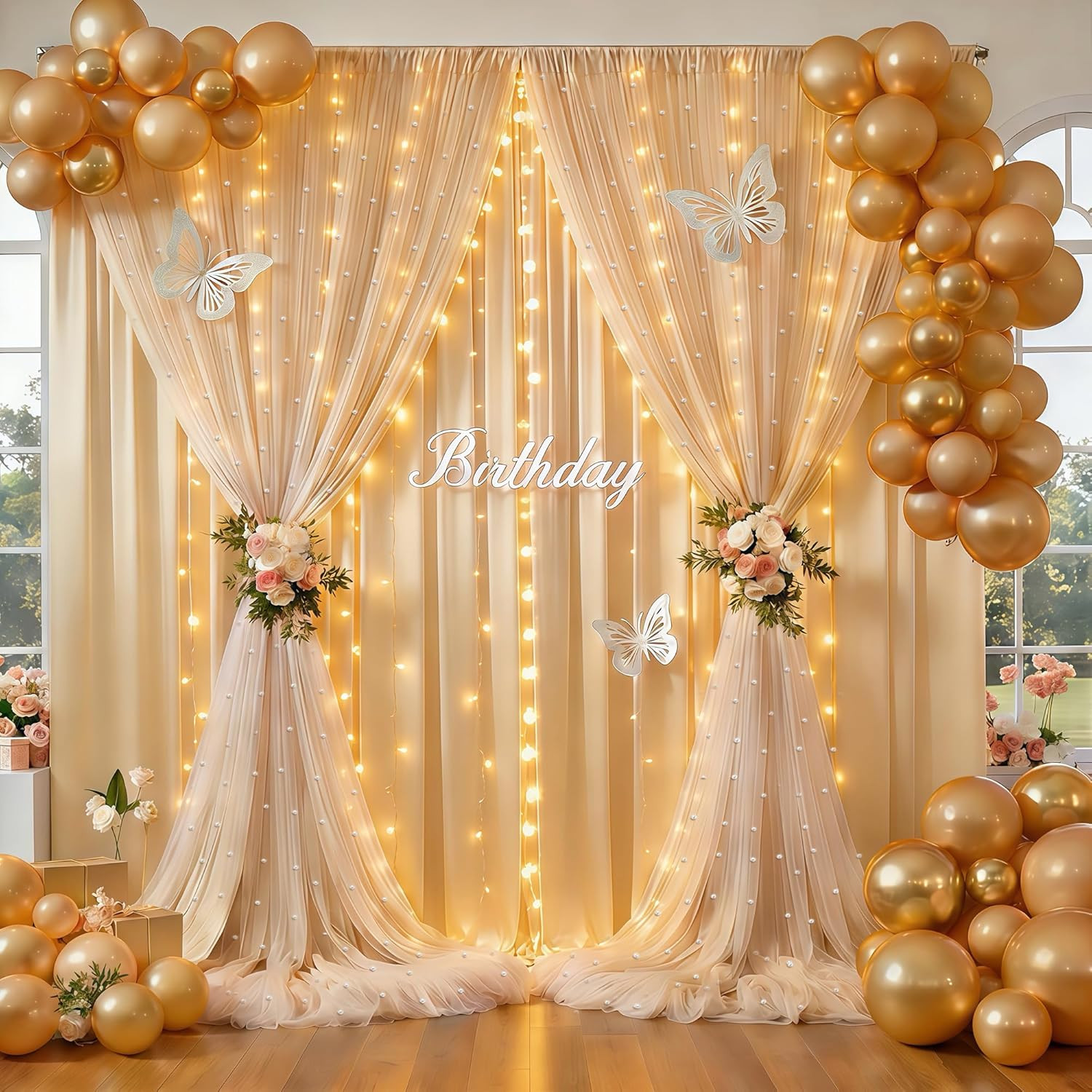 Champagne Pearl Tulle Backdrop with LED Lights for Weddings & Events