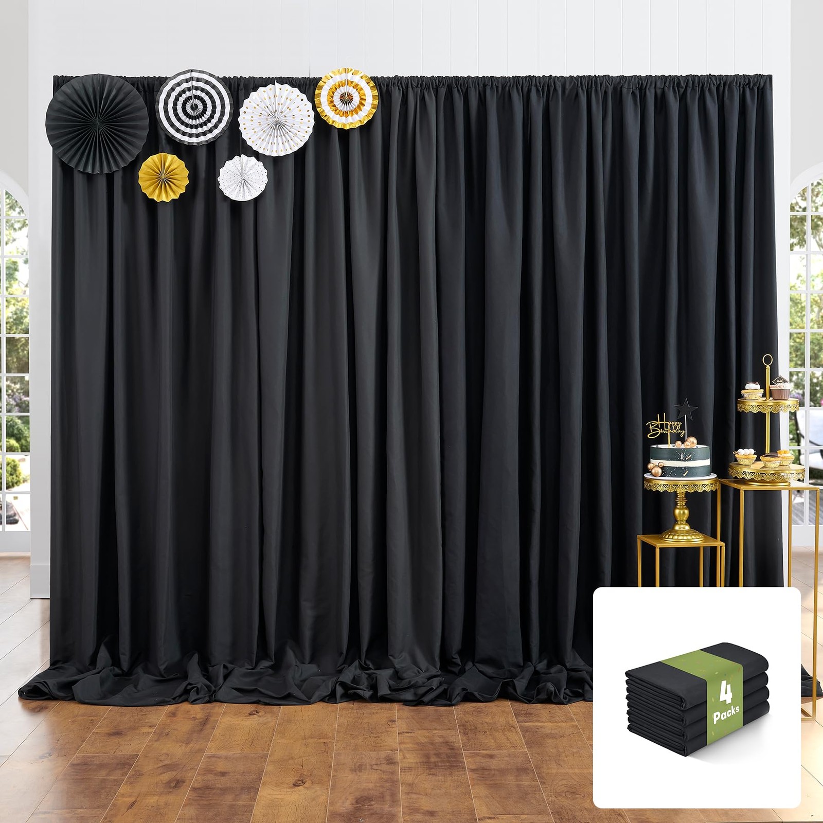 Black Backdrop Curtains Party Polyester Photography Drapes 20x10FT 4 Panels