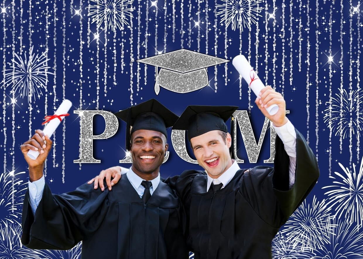 LYCGS 7X5ft Navy Blue and Silver Backdrop Class of 2025 Prom Party Decor Banner