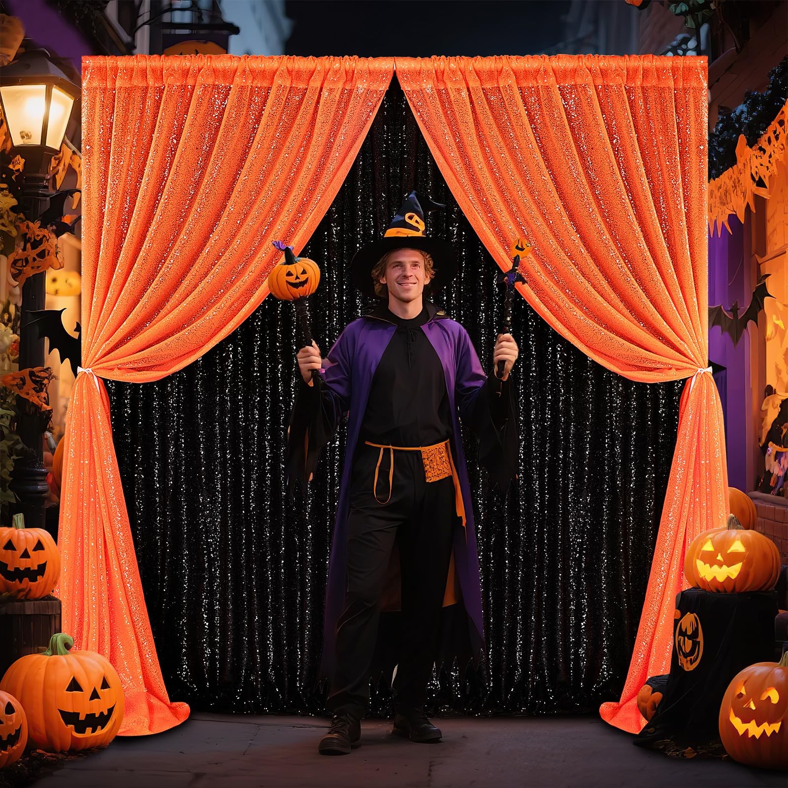 Orange Glitter Shimmer Sequin Halloween Party Photo Backdrop 2×8 Ft 4 PCS
