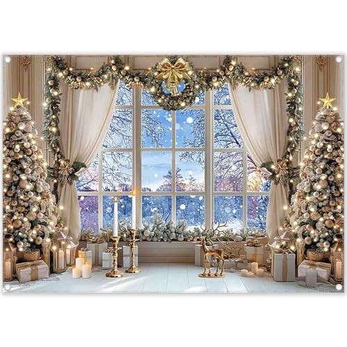 7x5ft White Snow Forest Scene Fabric Backdrop for Christmas Window