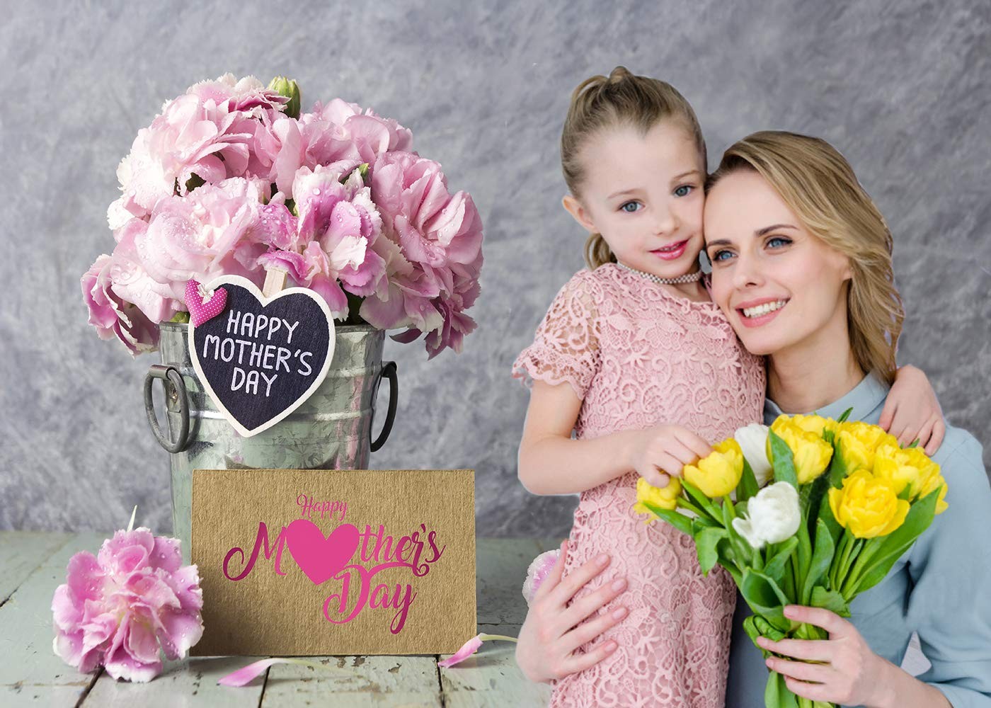 8x6ft Happy Mother’s Day Backdrops Pink Carnation Background Wood Floor Backgrou