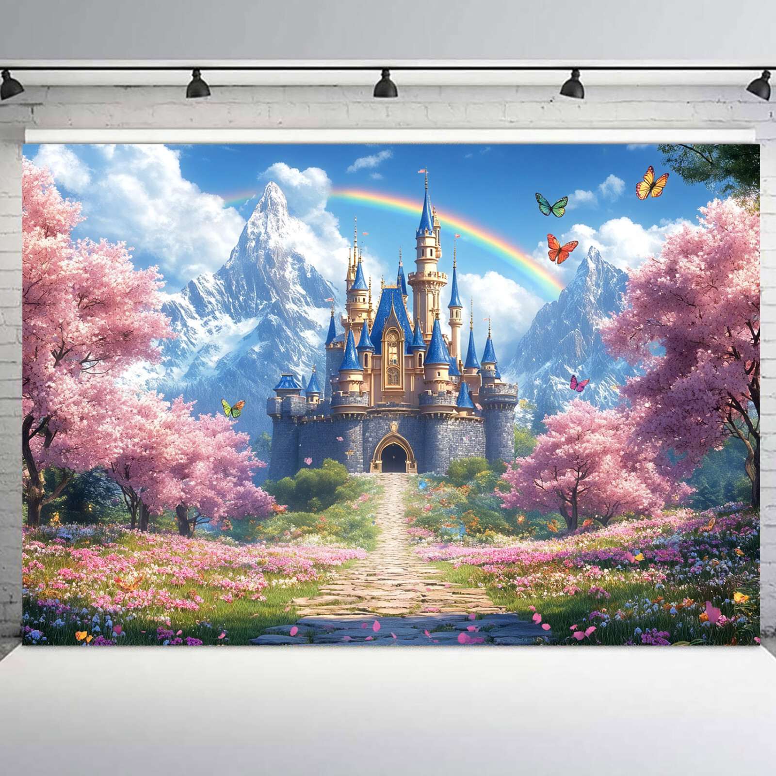10x8ft Spring Pink Cherry Floral Blue Magic Castle Photo Background Studio Props