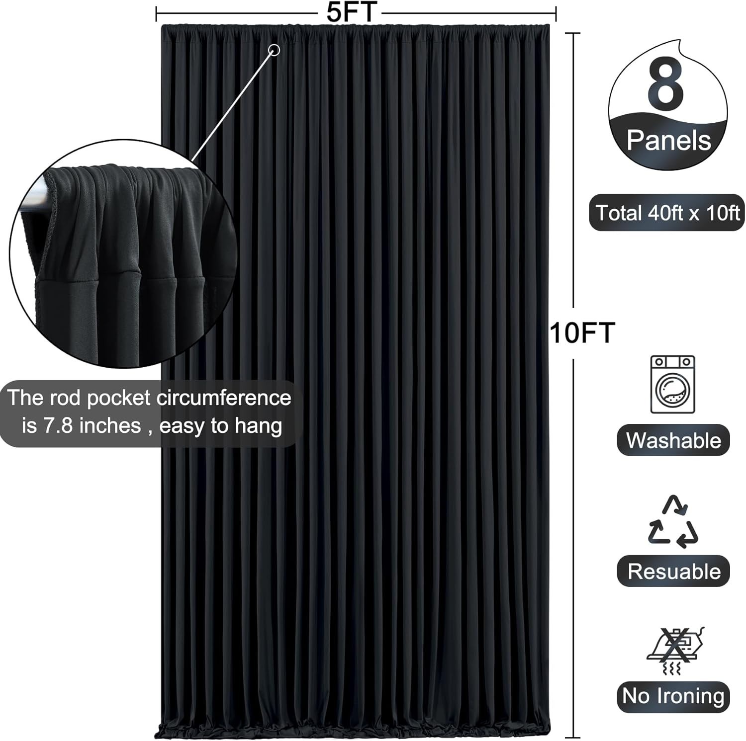 Wrinkle-Free Black Backdrop Drapes 8 Panels – Ideal for Weddings & Parties