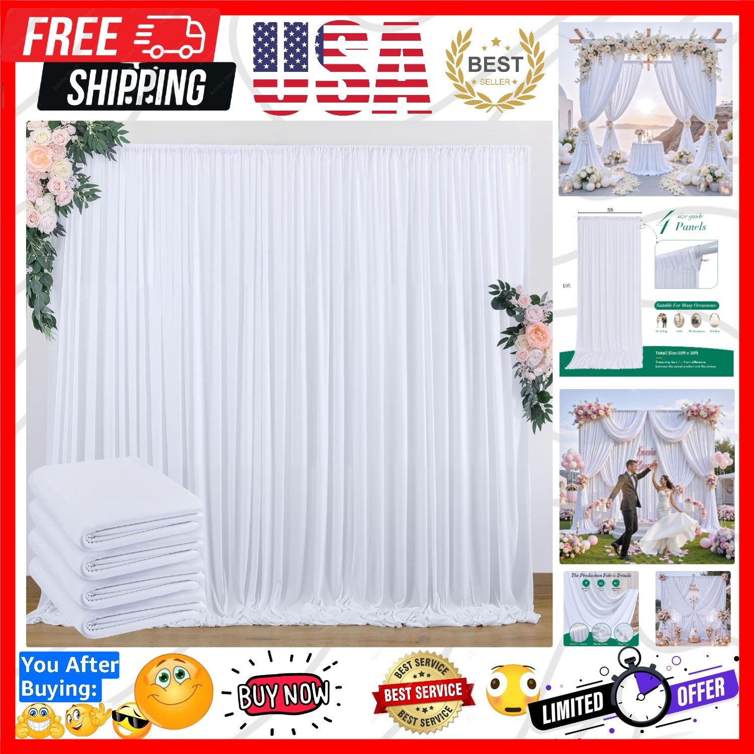 20 ft x 10 ft Wrinkle Free White Backdrop Curtain for Wedding Parties, Polyes…