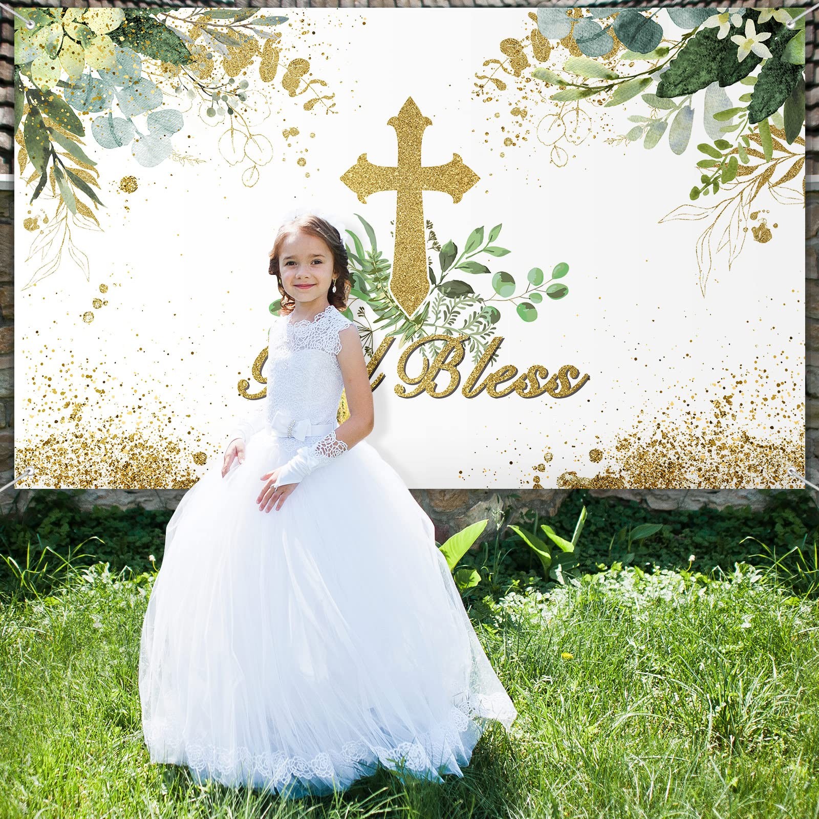 71×43 inch White Green God Bless Baptism Backdrop First Communion Decor