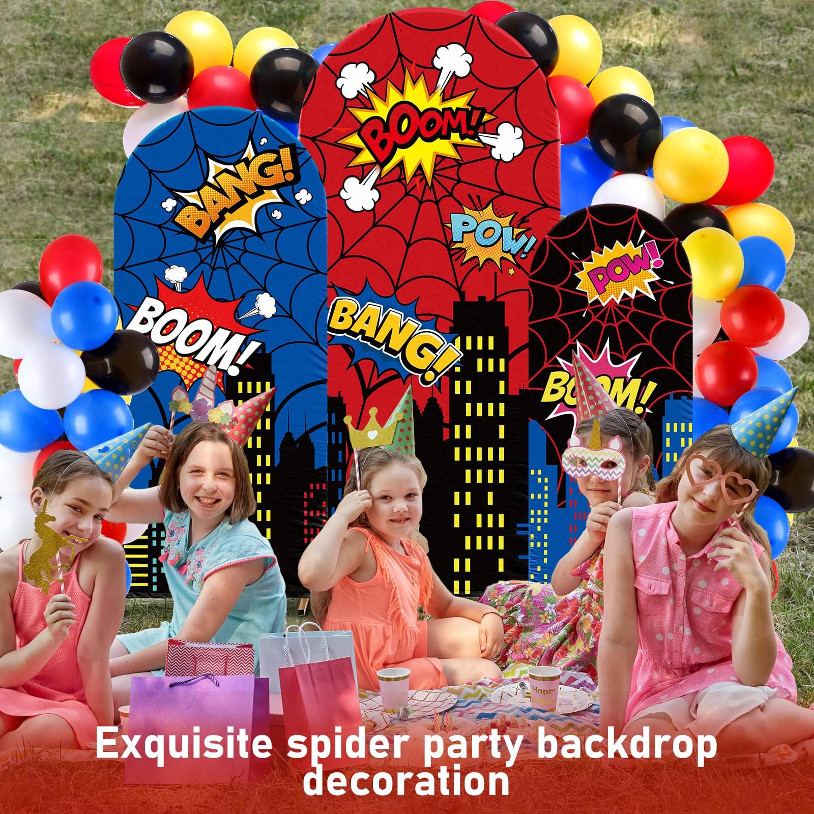 3 Pcs Spider Web Arch Backdrop Cover with Balloons Spider Birthday Party Deco…