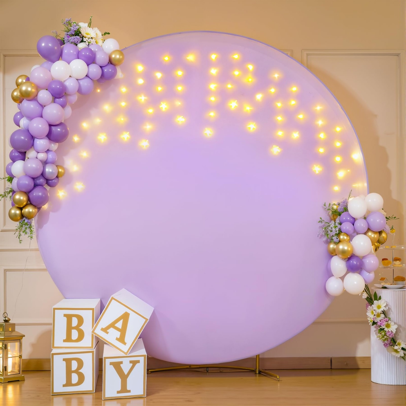 7.2 FT Purple Round Backdrop Cover with LED Fairy Lights for Weddings, Parties &