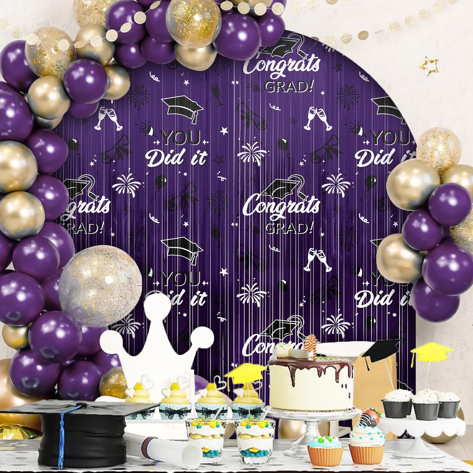 2025 Graduation Foil Fringe Curtains, 2 Pack 3.2×6.5 ft Black Graduation Purple