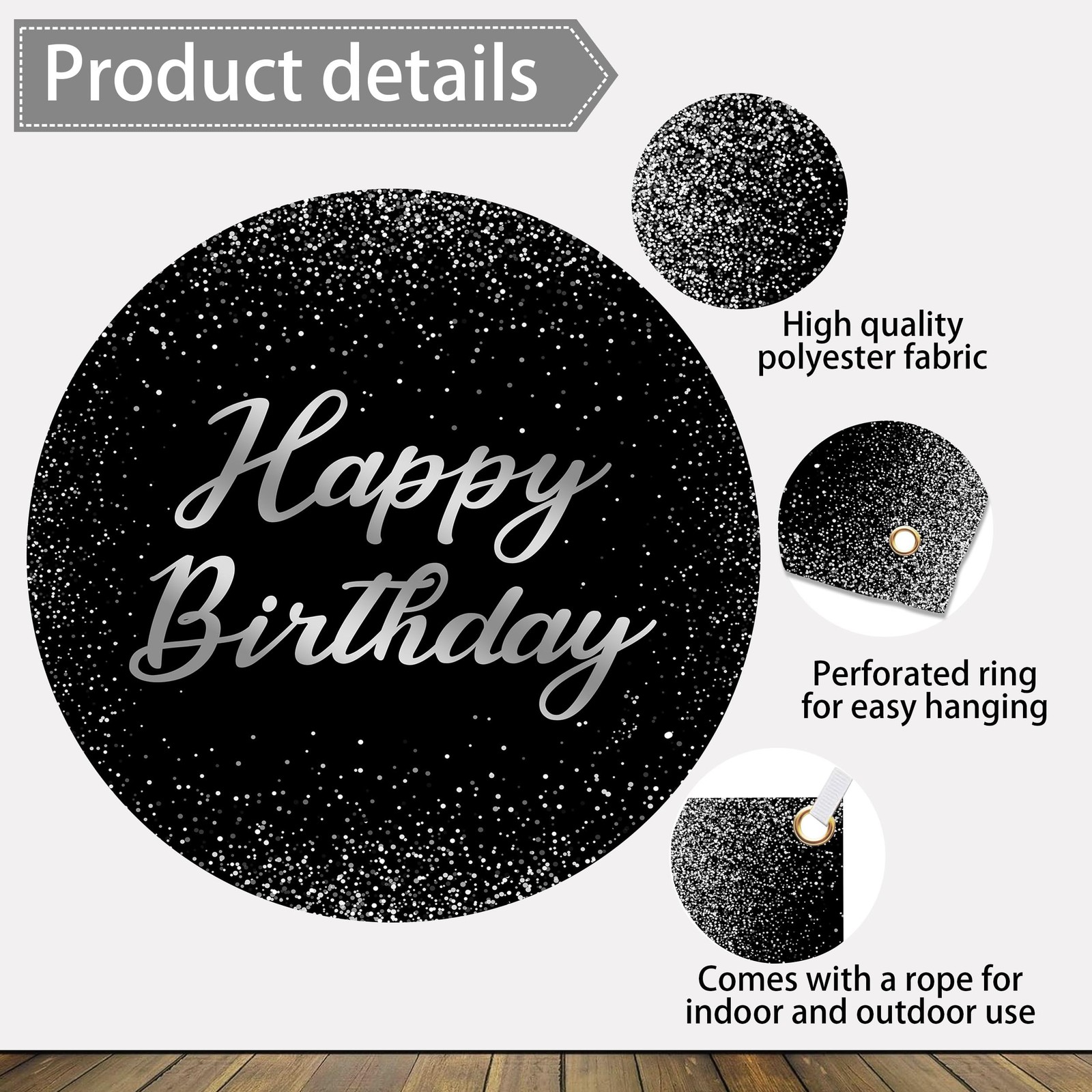 Happy Birthday Backdrops 12×8 FT Black and Silver Glitter Spots Happy Birthda…