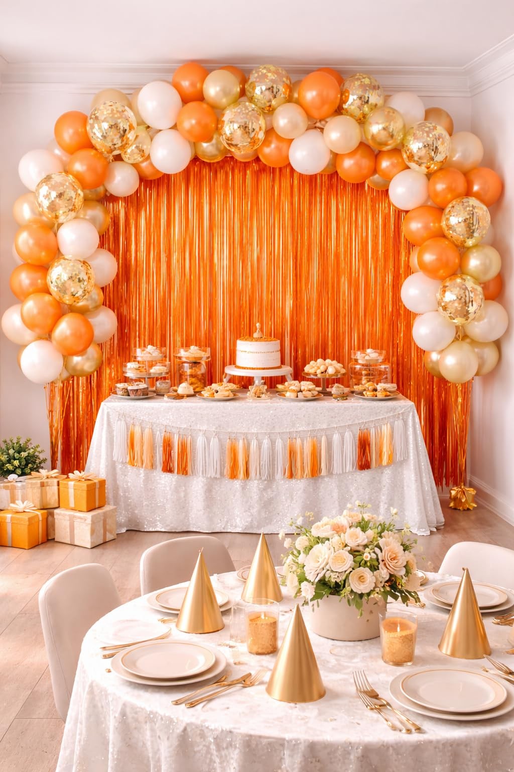 2 PCS 3.2×6.4 Ft Orange Macaron Foil Fringe Backdrop Curtain Tinsel Party