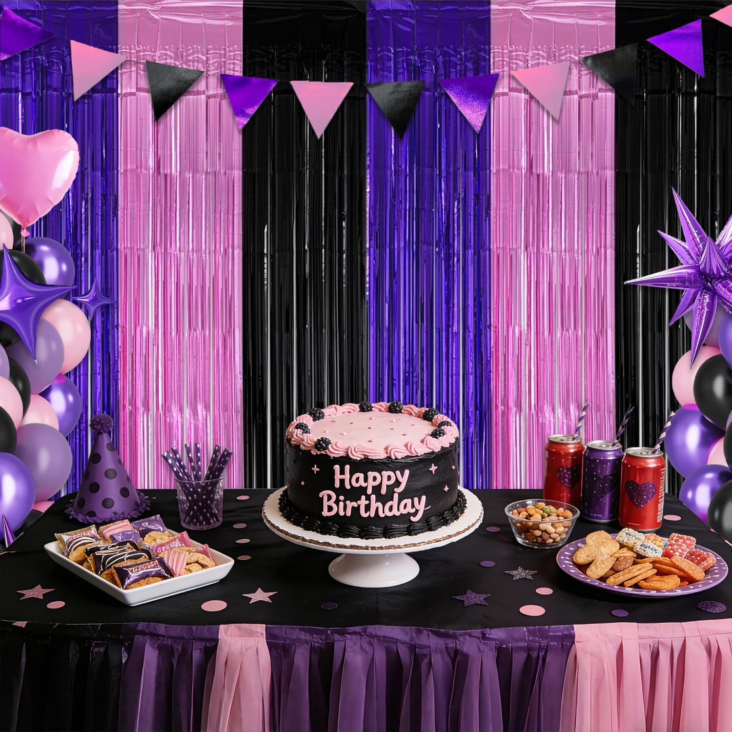Pink Purple Black Foil Fringe Curtains Birthday Decorations, 2 Pack 3.2×6.6ft…