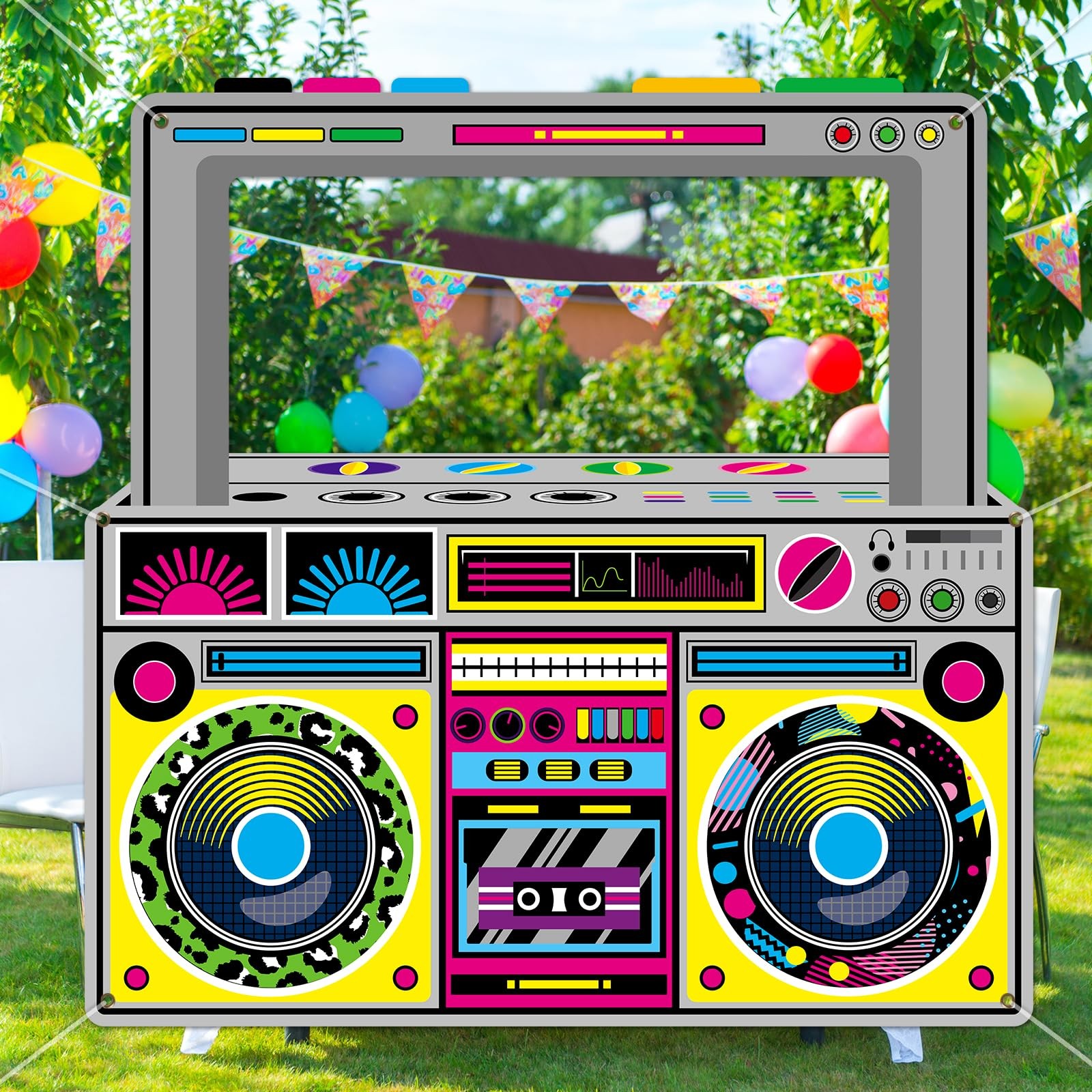 Fabric Radio Boombox Photo Booth Props for 90s 80s 59 x 59 inches, Multicolor