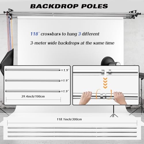 Photography Backdrop 3 Roller Support System, 118 inch Stainless Steel