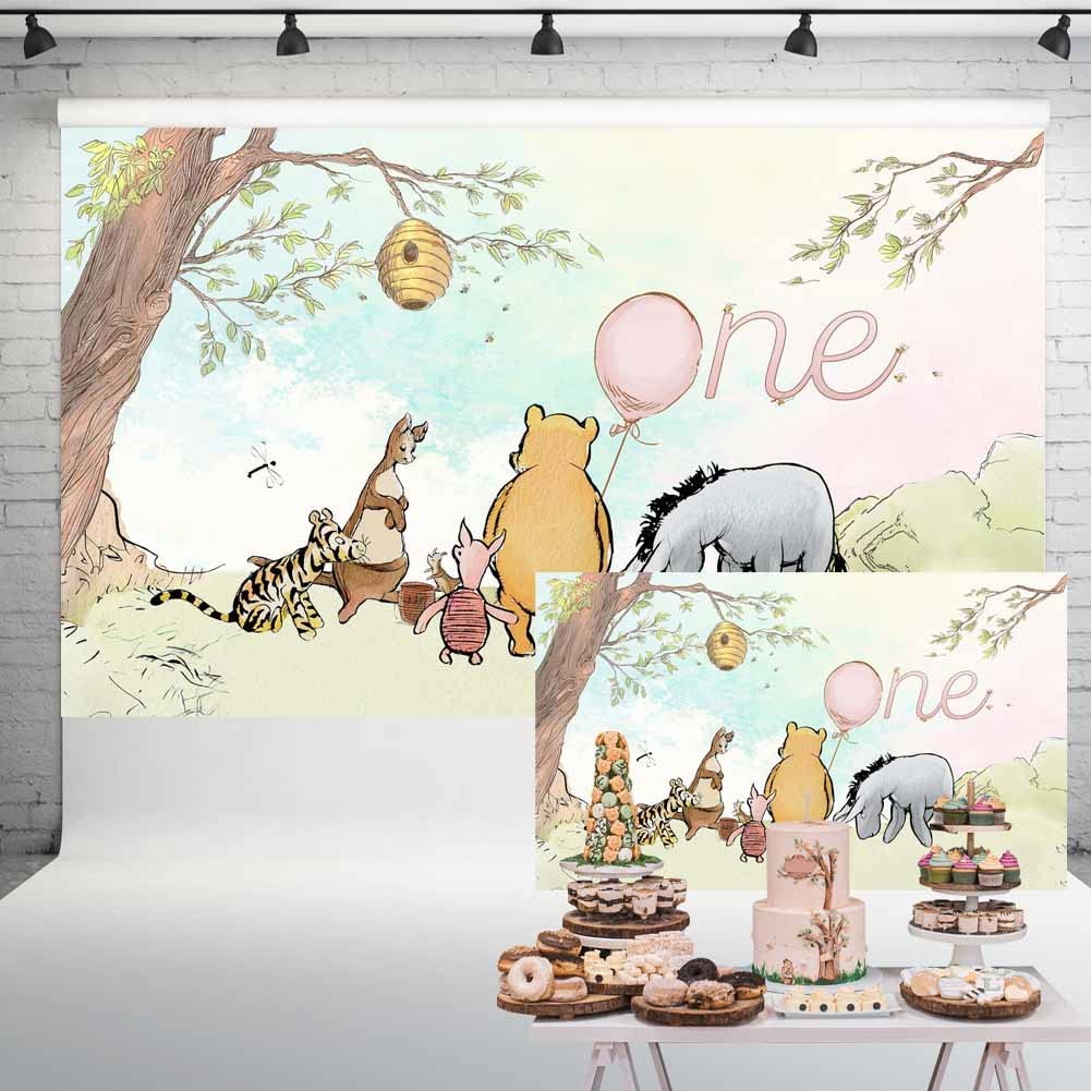 Vintage Pooh Bear Backdrop 1st Birthday Girl Watercolor Tree 5×3 ft, Pink