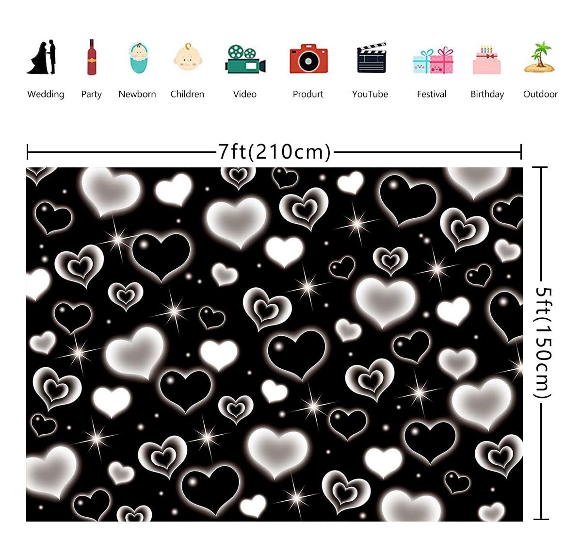 Black Heart 2000s Backdrop Banner 7x5ft Sweet Y2K Photography Background Earl…
