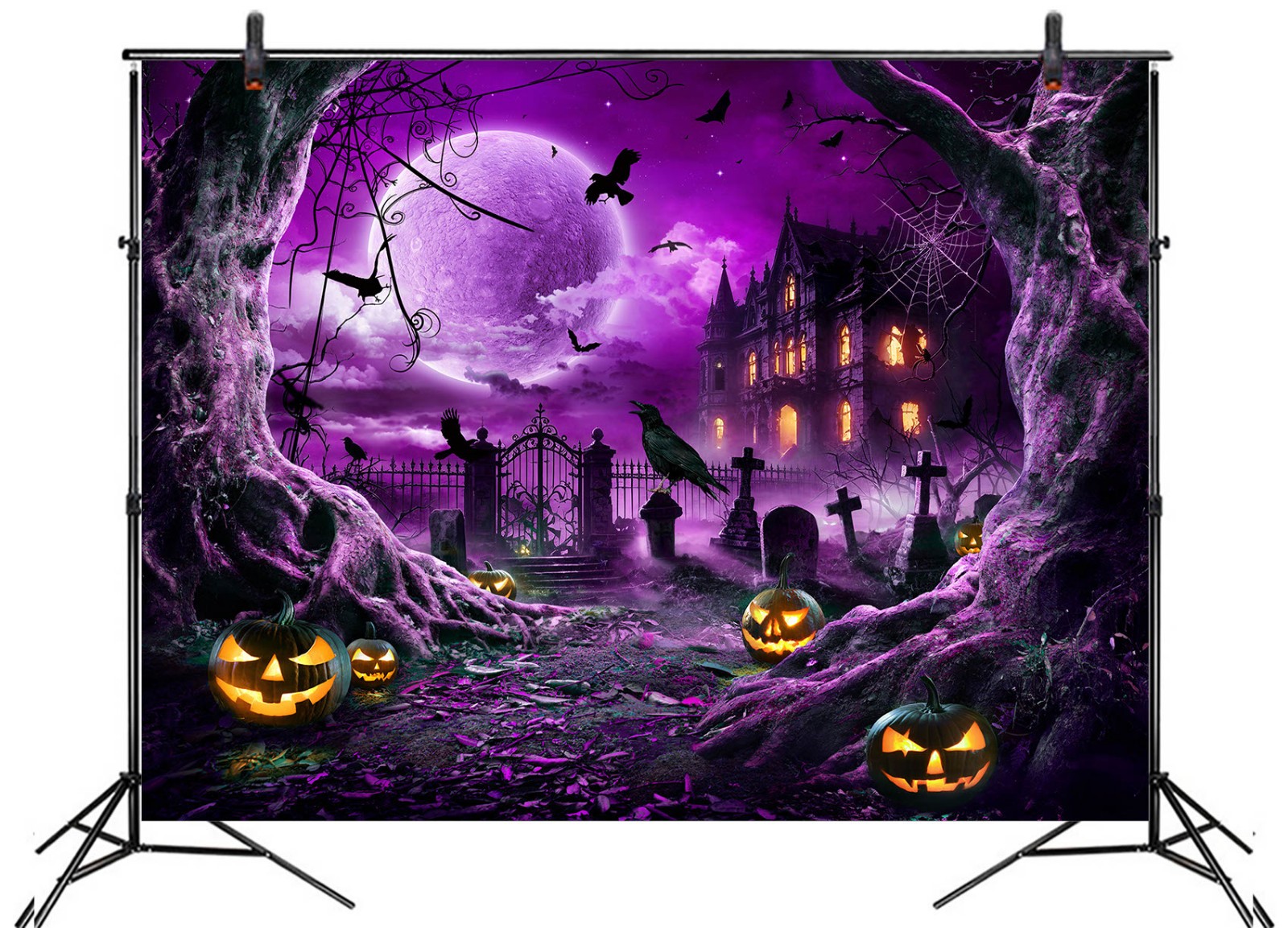 10x8ft Spooky Halloween Backdrop Spider Web Cemetery Background for Photography