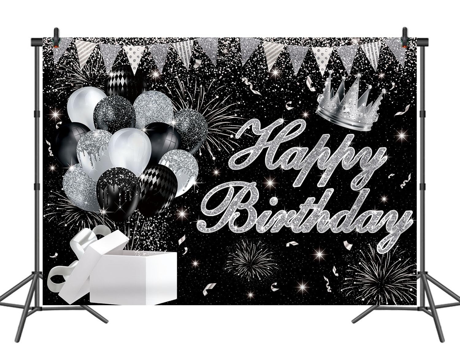 Silver Black Happy Birthday Backdrop 7x5ft Silver