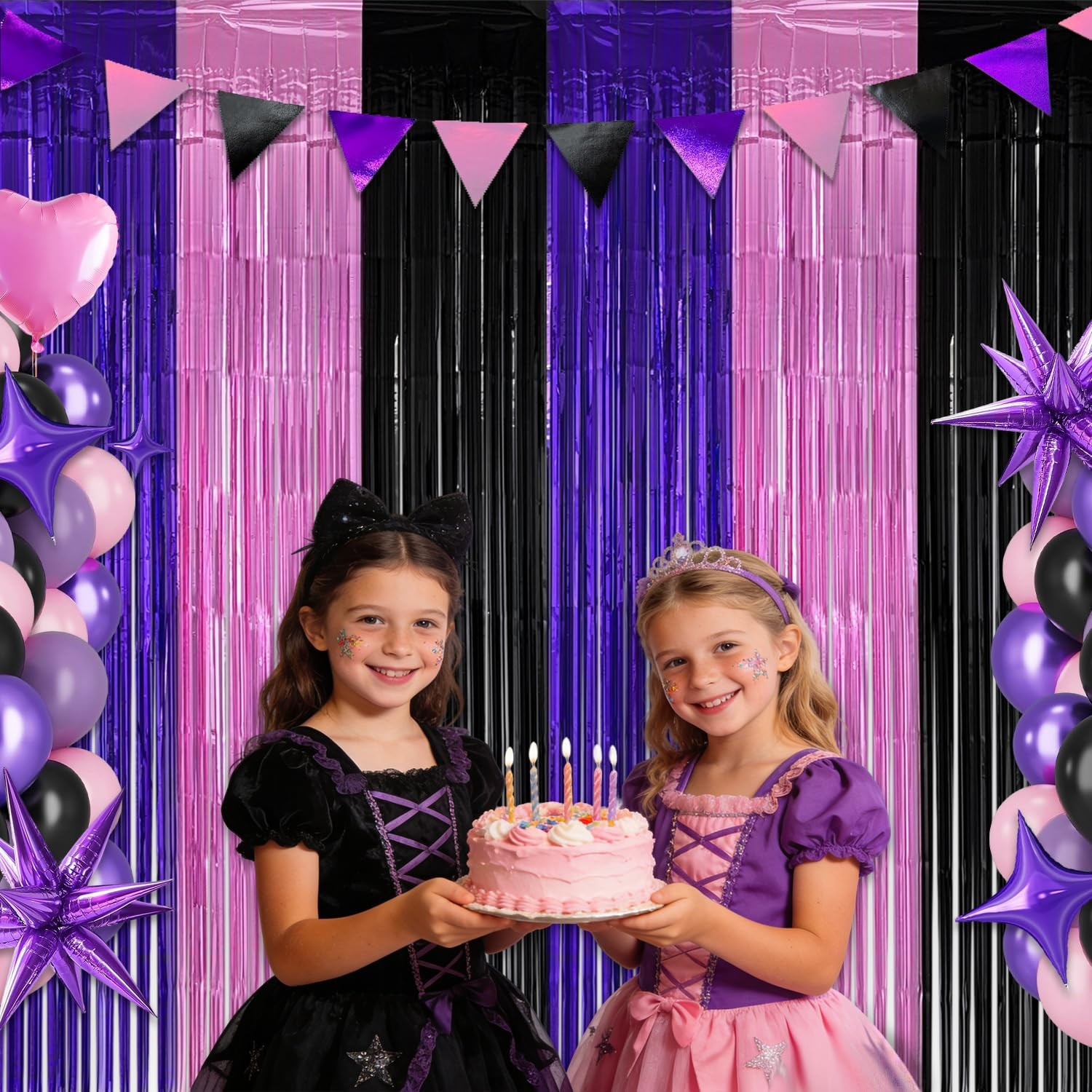 Pink Purple Black Foil Fringe Curtains Birthday Decorations, 2 Pack 3.2×6.6ft…