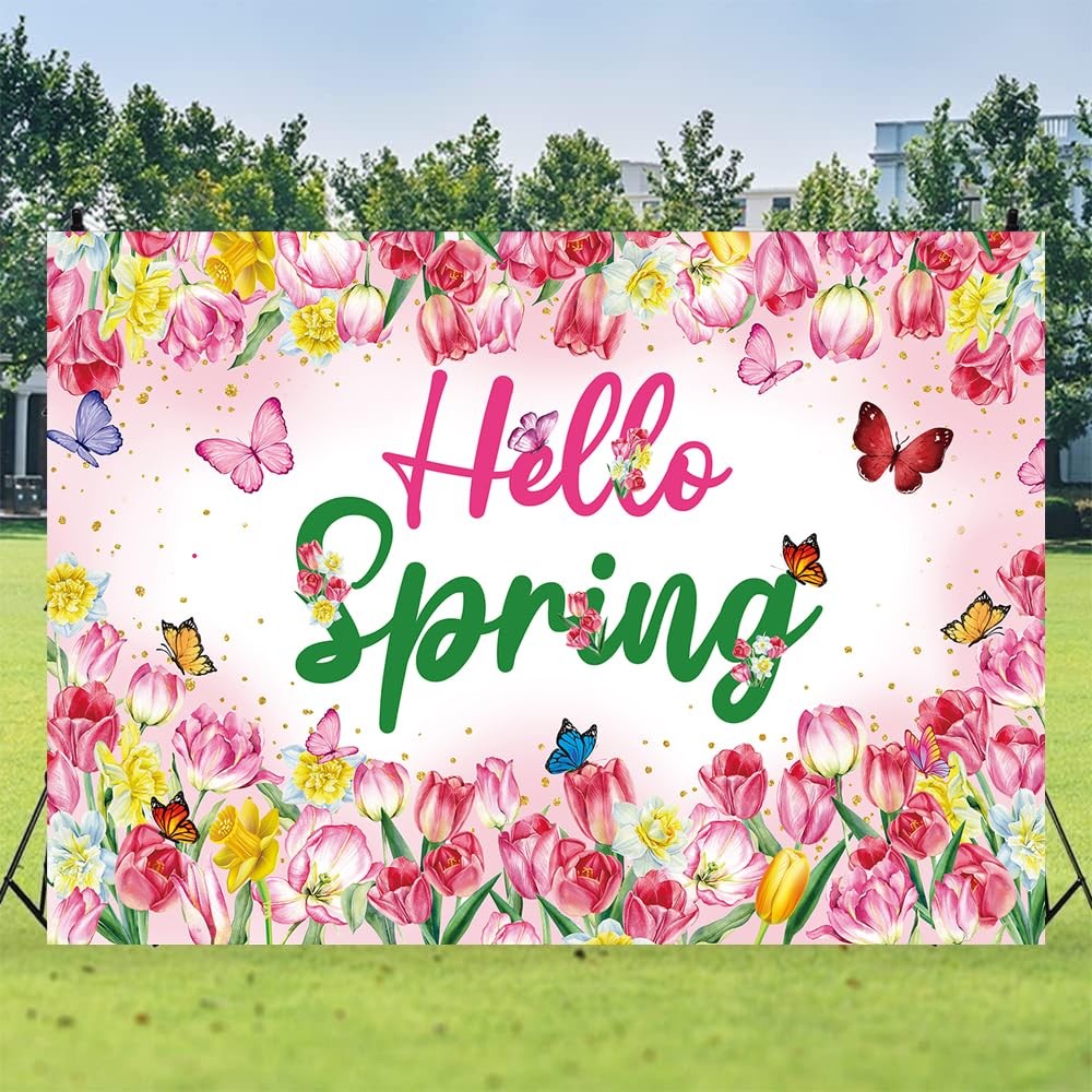 Hello Spring Backdrop Flower Butterfly Photography 7x5FT（210x150cm）, Pink