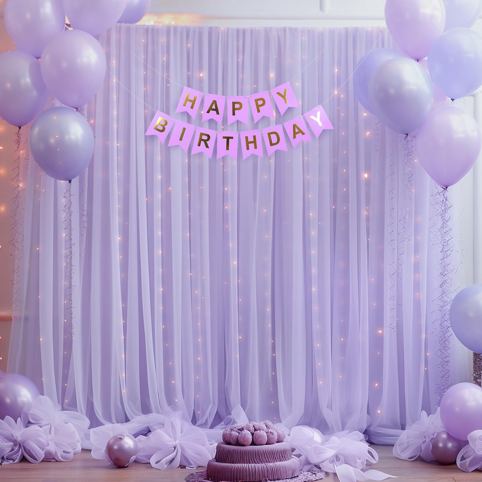 10ft x 8ft Purple Backdrop Curtain with Lights String for Parties, Sheer Tull…