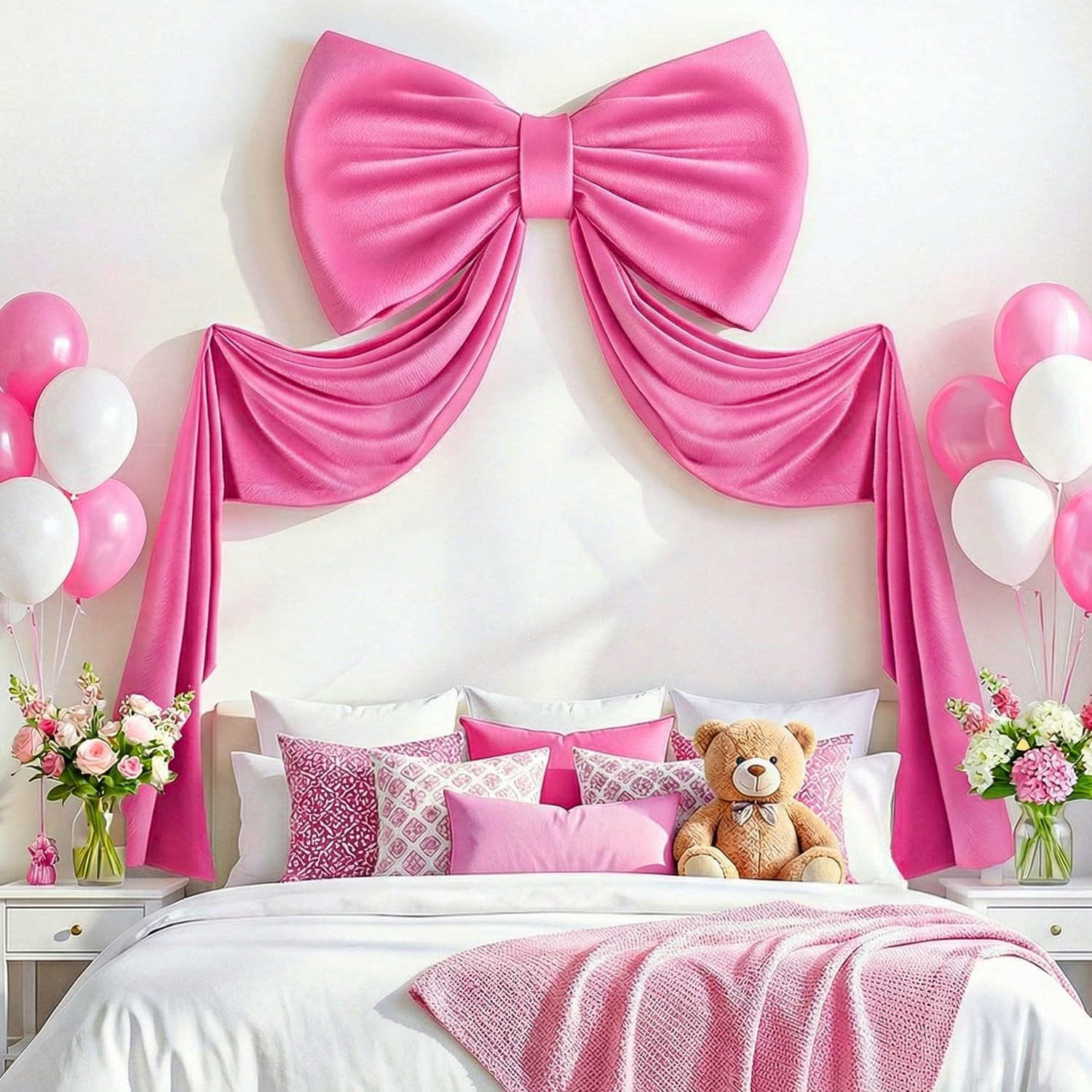 Giant Bow for Backdrop Hot Pink Large Bow with Long Ribbon, 75×23 Inch 3D Ove…