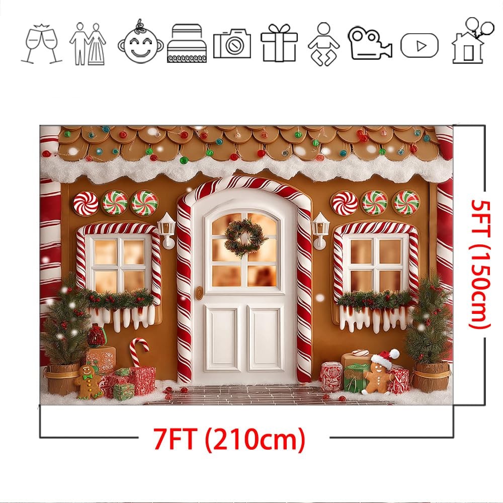 7x5FT Gingerbread Christmas Backdrop Candy Cane House Family Photo Props