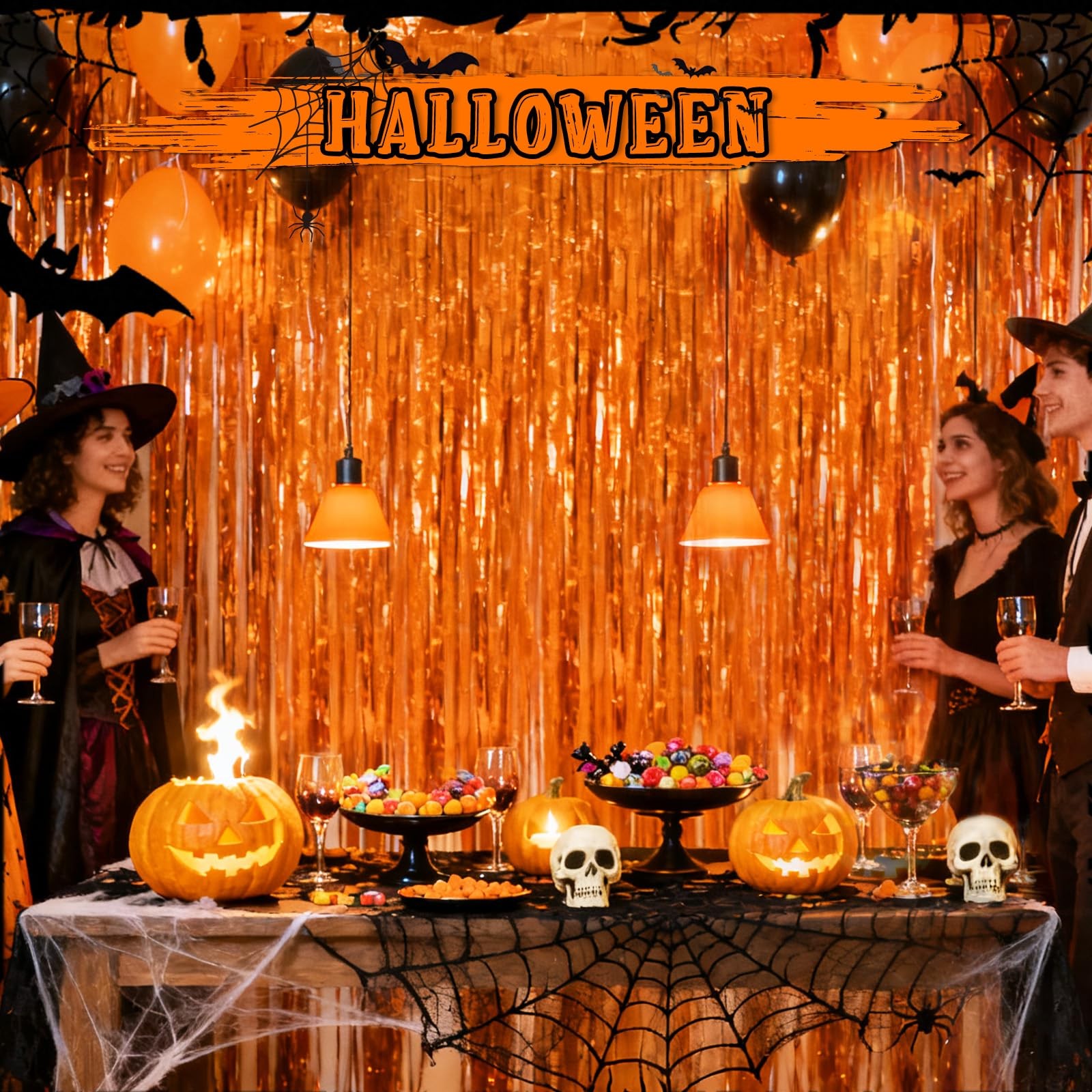 2 PCS Orange Tinsel Foil Fringe Curtain Backdrop Door Streamers Party Decor