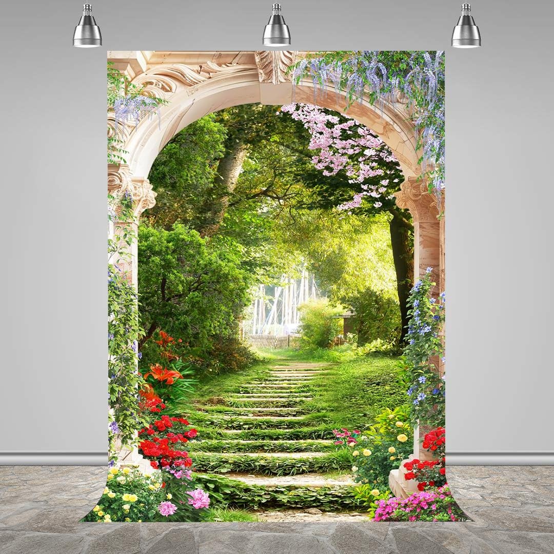 3×5 Foot Beautiful Garden Backdrop Spring Blooming Floral Stone Arch Nature