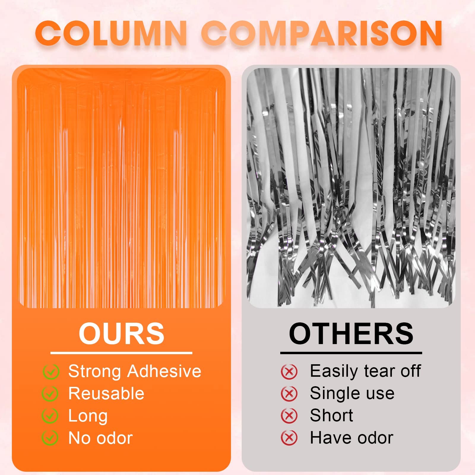 3 PCS Orange Foil Fringe Backdrop Curtains Tinsel Streamers Party 3.3×8.2 FT
