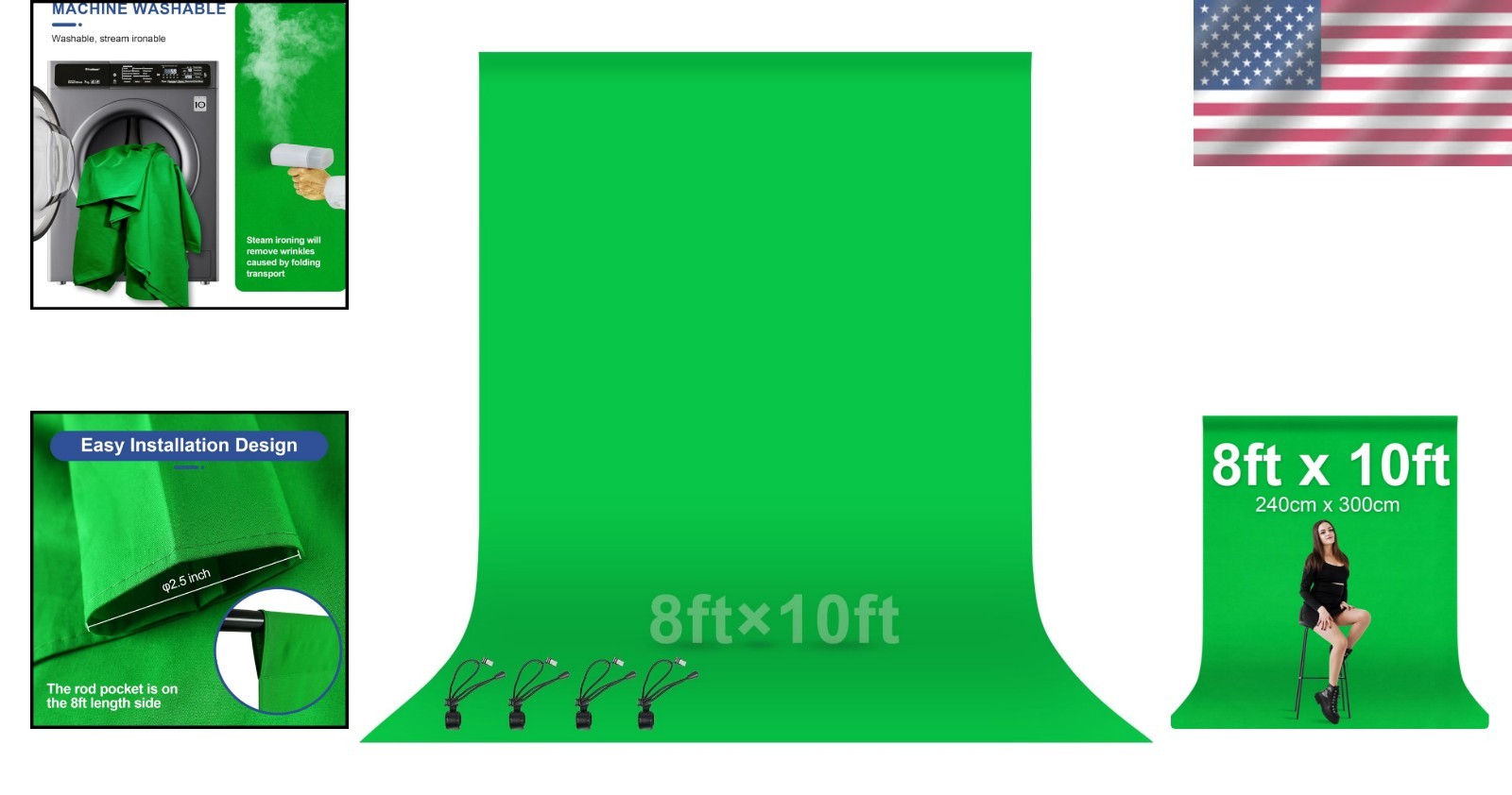 Machine Washable 8 x 10 Ft Green Screen Backdrop for Video Editing & Streaming