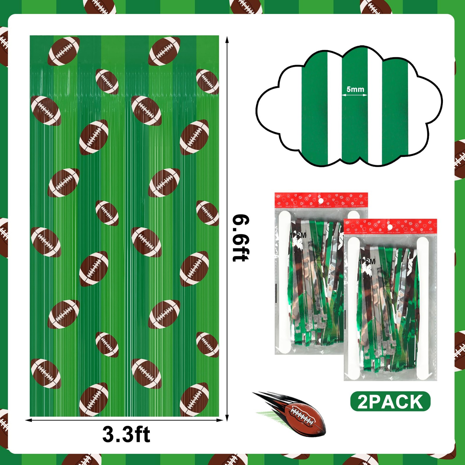 2 Pack Football Foil Fringe Curtains Party Photo Booth Prop Backdrop for Party