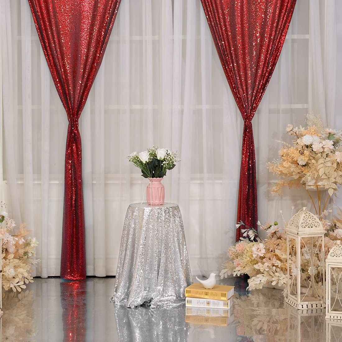 Sequin Curtain Backdrop 2FT x 8FT Red 2 PCS Background for Wedding Party Set