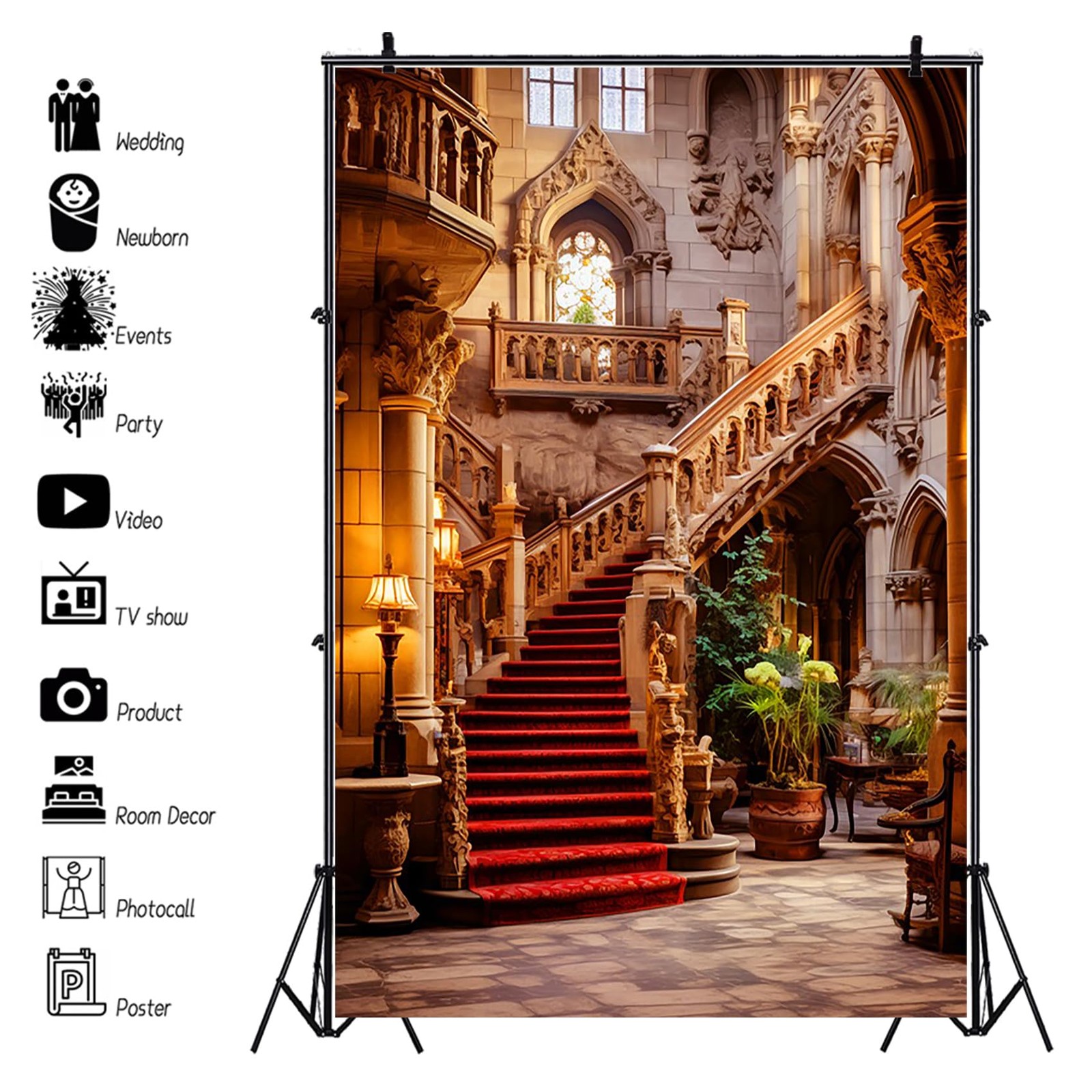 Elegant Ancient European Red Staircase Studio Photography Background 8x10ft