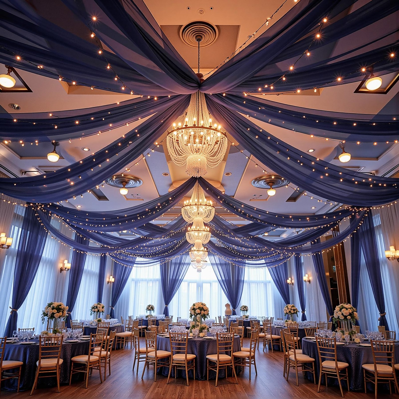 6 Panels Navy Blue Ceiling Drapes with Lights for Weddings Ceiling Drapes 5ft…