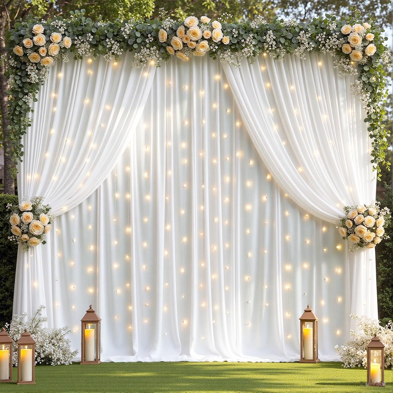 2 Panels 5 x 10 Ft White Backdrop Curtains Lights String Polyester Wrinkle Free