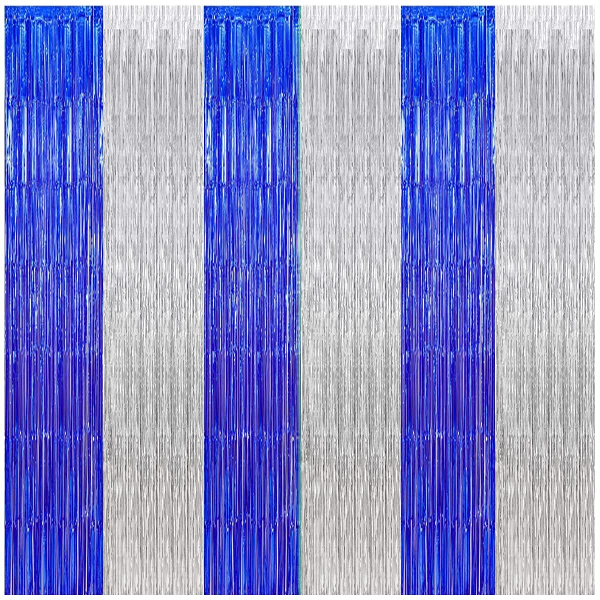 3 Pack Blue Silver Graduation Backdrop 2025 Metallic Foil Curtain Birthday