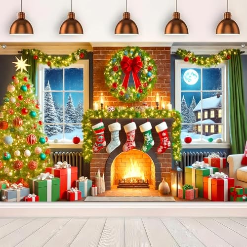 Christmas Fireplace Banner 71×43 Inch Indoor Holiday Decorations Tree – Tree