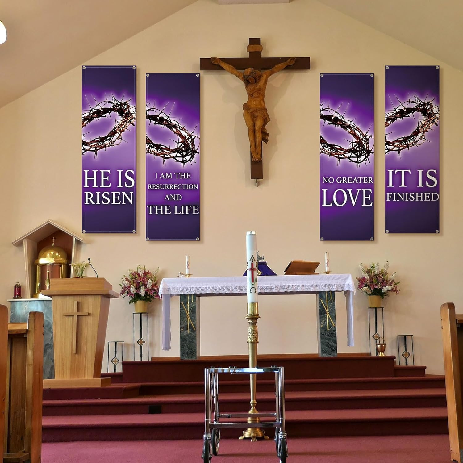 4 Pcs Easter Church Banners with Scripture Purple Easter Religious Banner for Sa