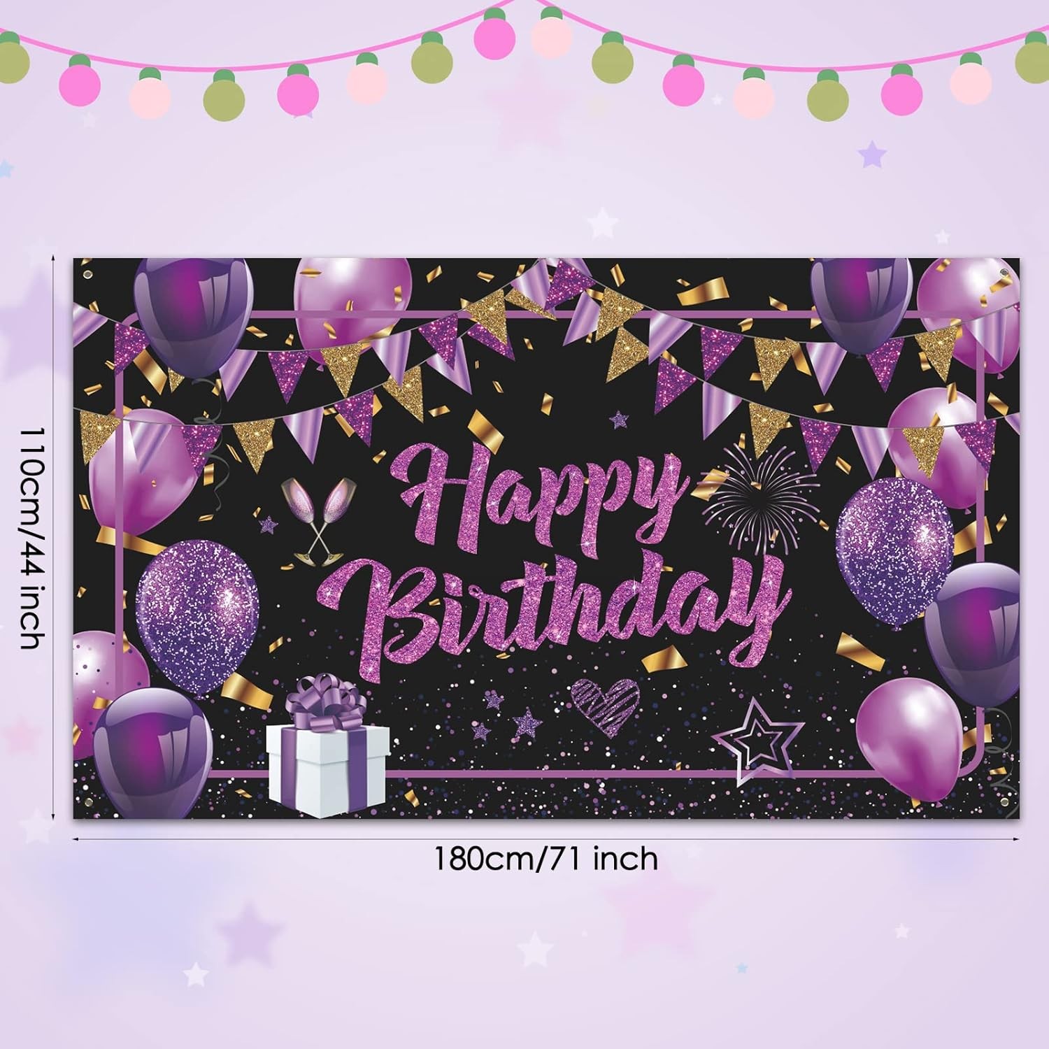 Purple Happy Birthday Banner – Black Gold Party Decorations Large,