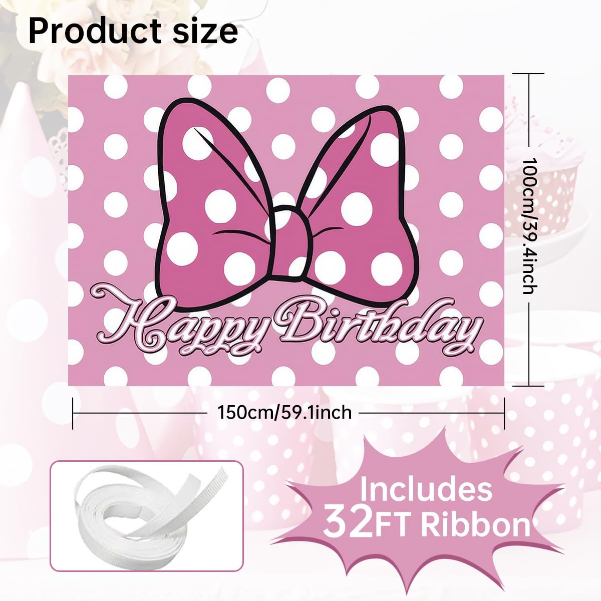 Pink Cartoon Dot Birthday Party Backdrop Banner 59.1 x 39.4 inches, A