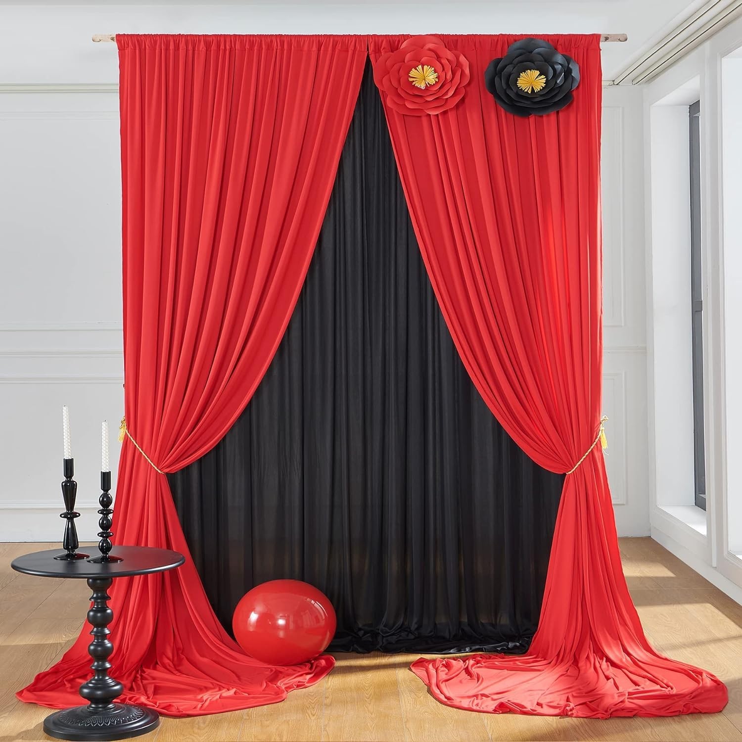 10x10ft Black Backdrop Curtains and Red Backdrop Curtains Panels, Black and R…