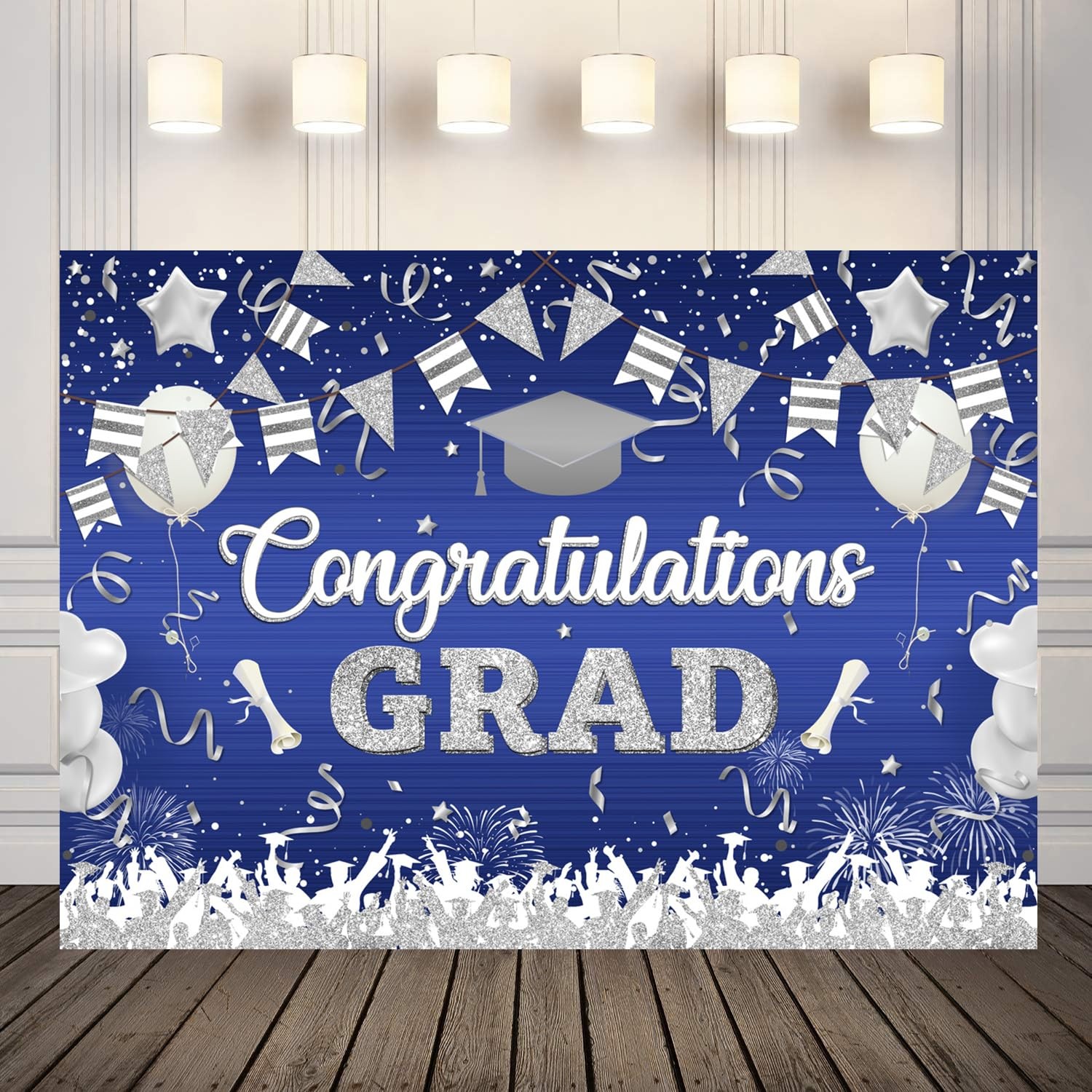 10x8ft Blue and Silver 2025 Graduation Backdrop Congratulations Grad Photogra…
