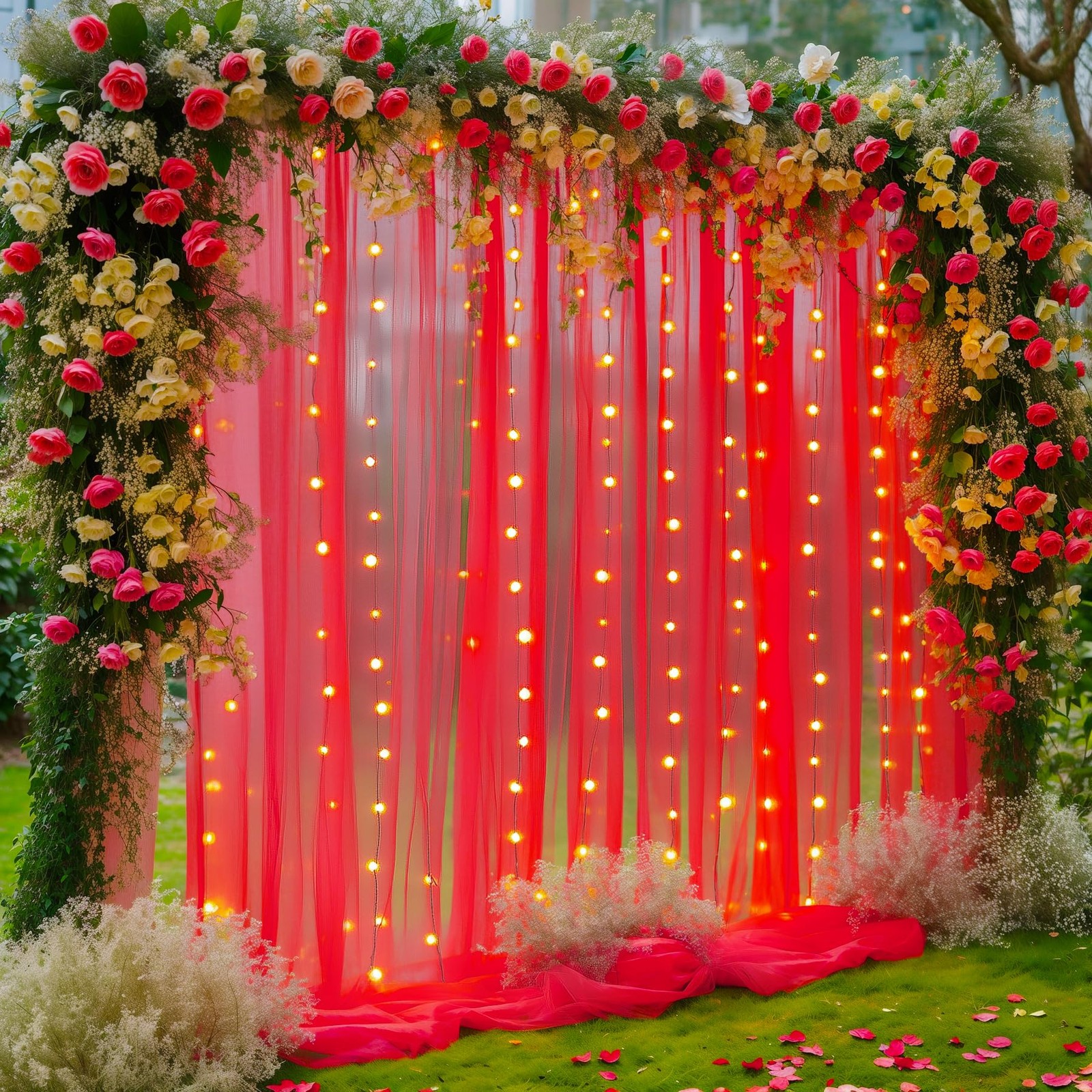 10×10 FT Red Tulle Backdrop Curtain with Lights String Wedding Party