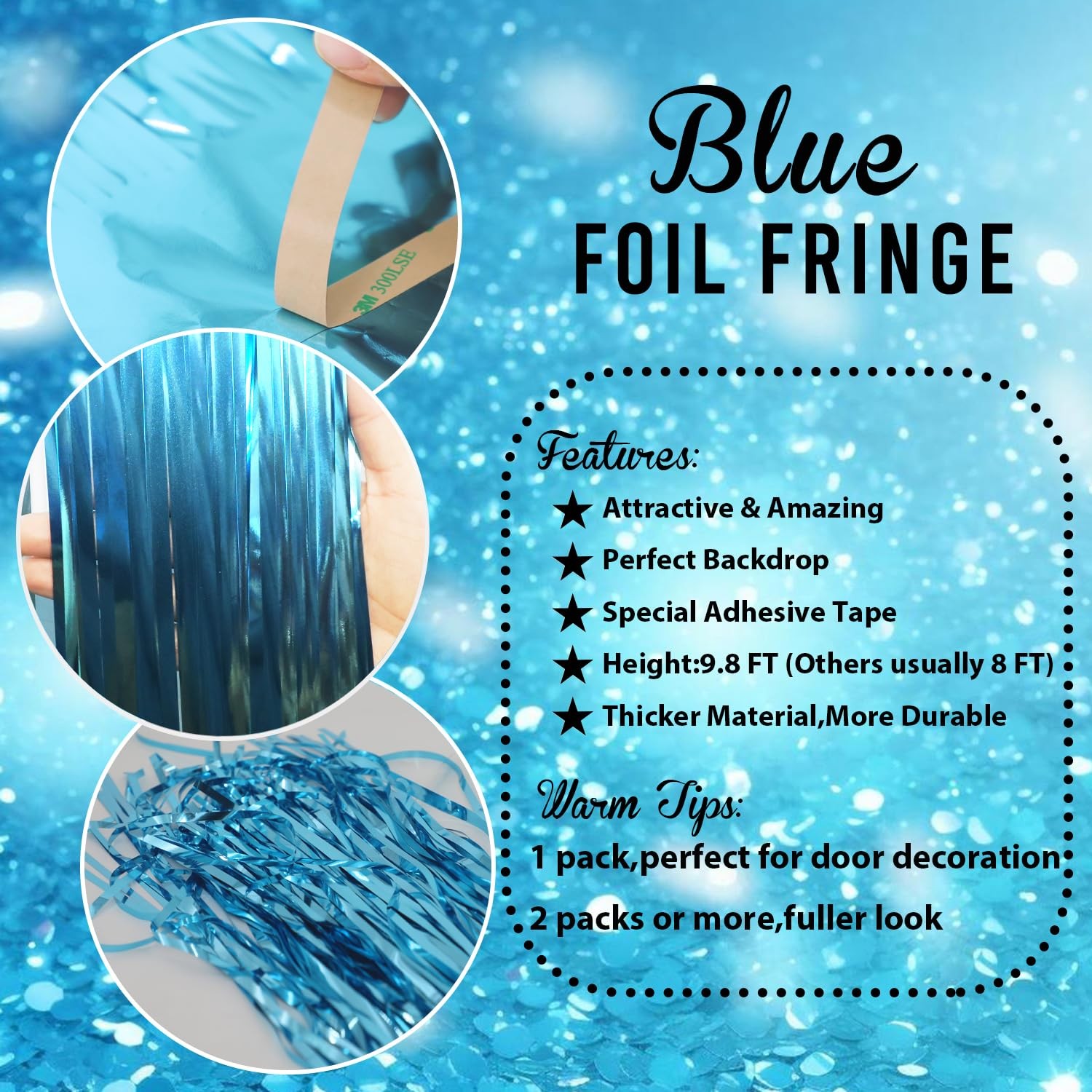 1 Pack Light Blue Tinsel Foil Fringe Curtain, 3.2×9.8 ft, Photo Backdrop