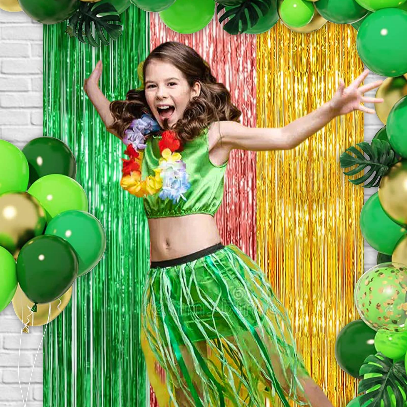 2 Pack 3.2ft x 9.8ft Green Rose Gold Yellow Metallic Foil Fringe Curtain