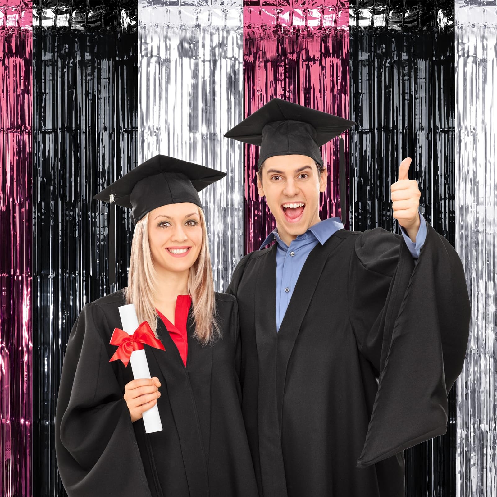 3 Pack Maroon Black Silver Graduation Metallic Foil Fringe Curtains Set