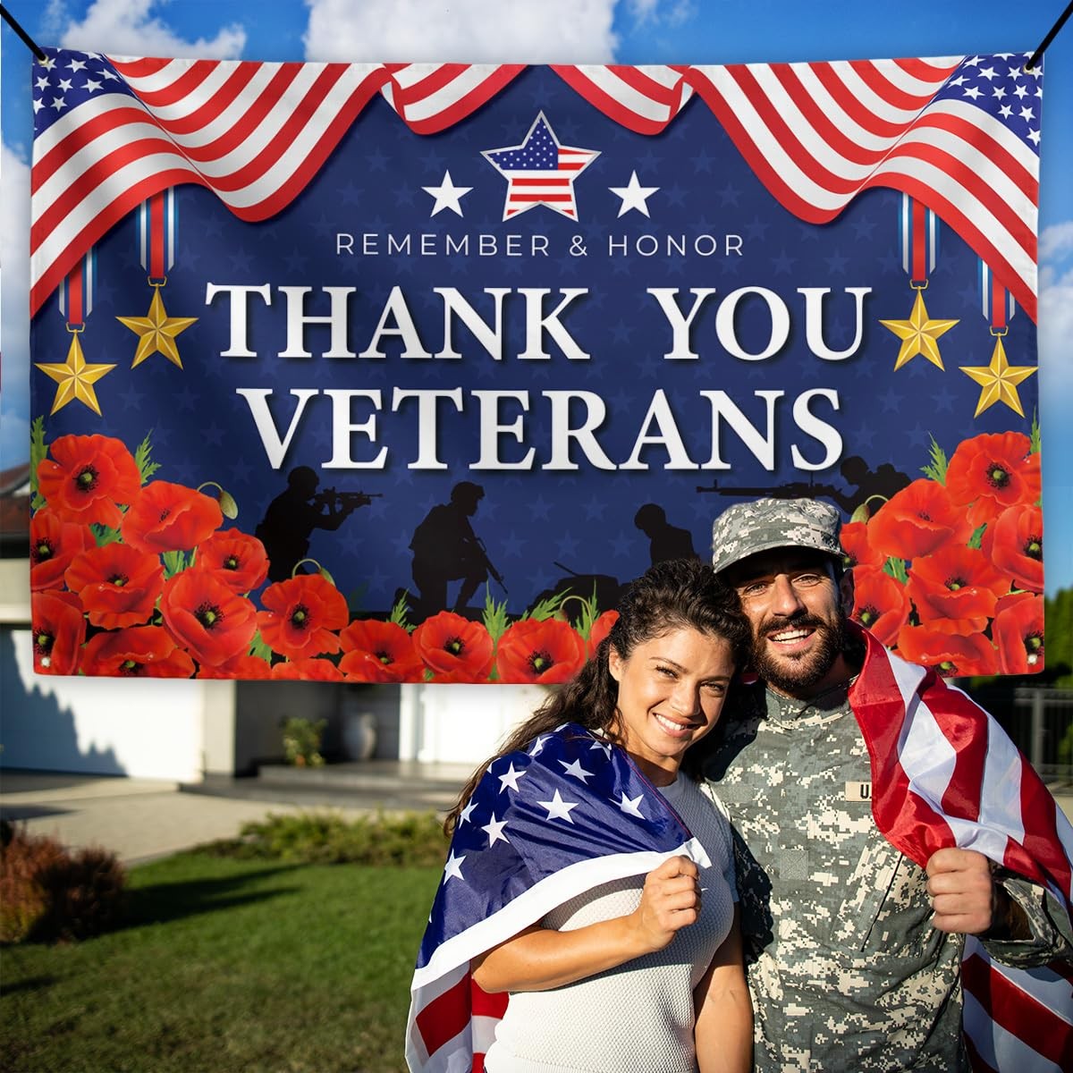 Memorial Day Backdrop 4th of July Banner Thank You Veterans Patriotic Decor Me