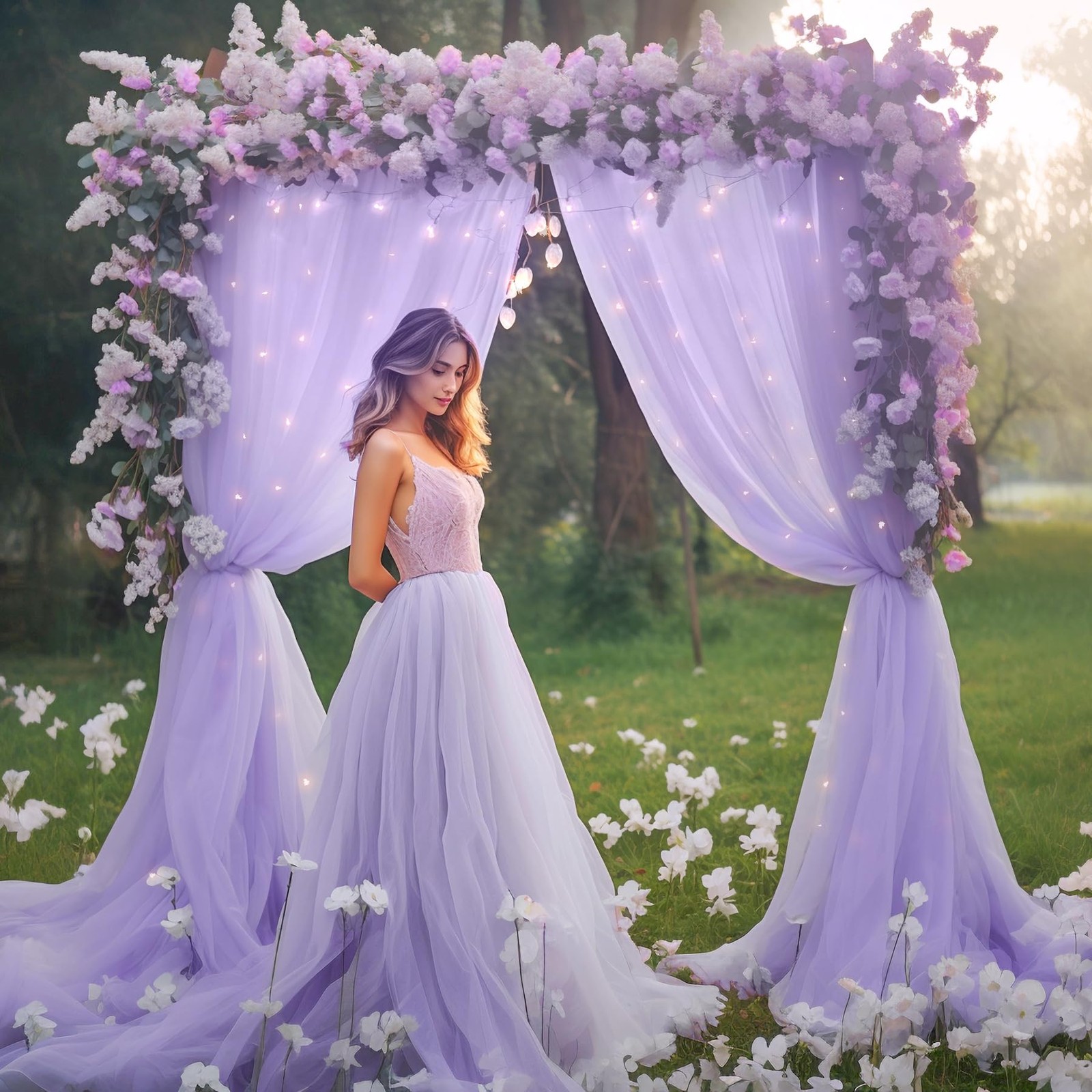10ft x 8ft Purple Backdrop Curtain with Lights String for Parties, Sheer Tull…