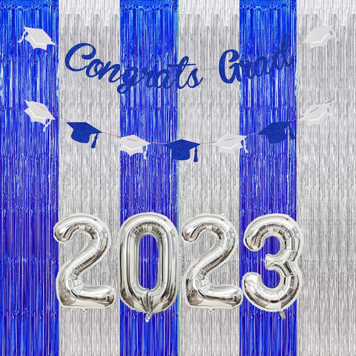 3 Pack Blue Silver Graduation Backdrop 2025 Metallic Foil Curtain Birthday
